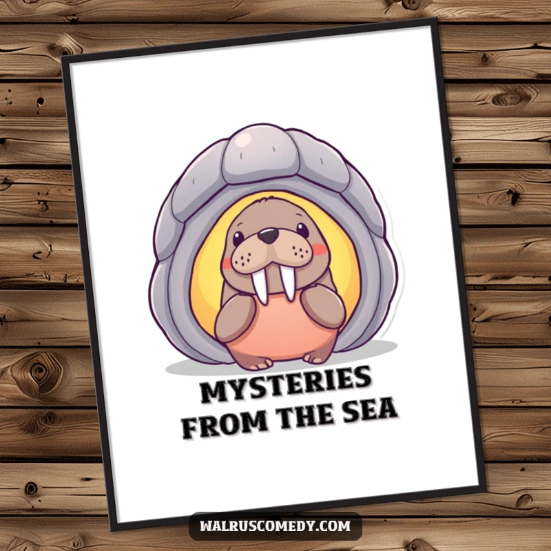 Funny curious walrus character peeking into a large, glowing shell, presented as an instant digital art print for humorous wall decoration