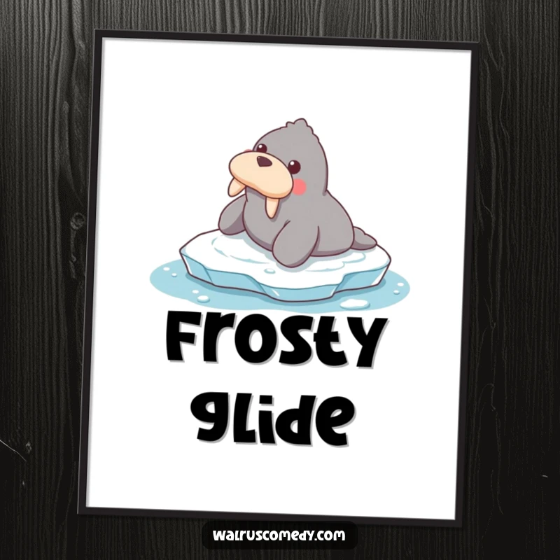 Funny digital art print of a walrus comically sliding on ice, capturing a moment of pure, unadulterated winter fun.