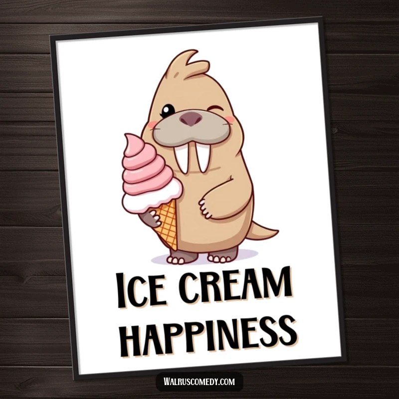 Funny digital art print of a winking walrus character smiling and offering a giant ice cream cone, embodying sweet indulgence and humor.