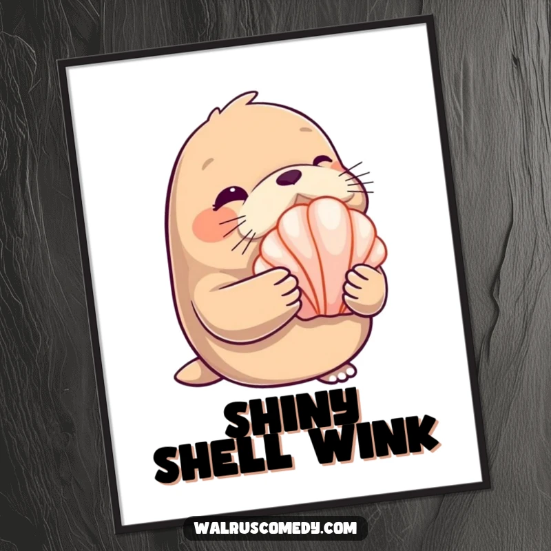 Funny Digital Art Print: A walrus with a playful wink holds a glistening seashell, radiating coastal charm.