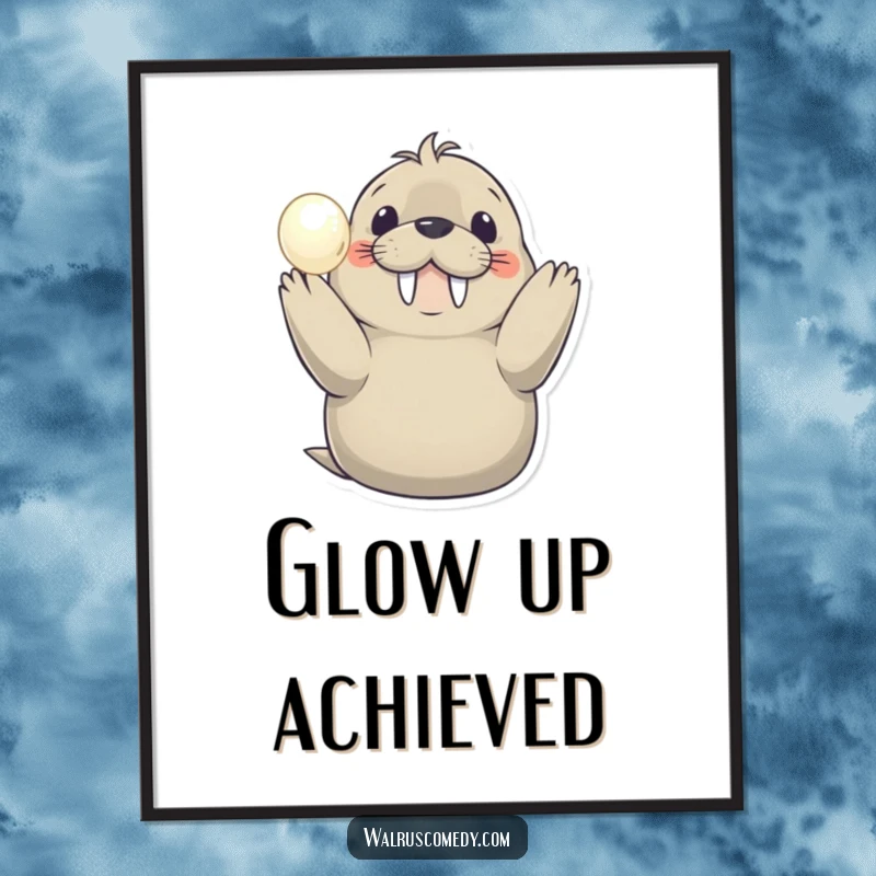 Funny digital art print of a smiling walrus holding a shimmering pearl, ready to bring a touch of humor and elegance to your decor.