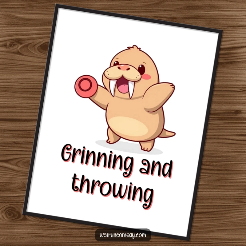 Funny digital art print of a kawaii walrus with tusks happily throwing a frisbee, bringing energetic fun and playful vibes to any display.