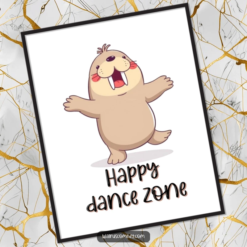 Funny digital art print, joyful walrus dancing a jig, flippers in the air, happy wall art, instant download, animal theme.