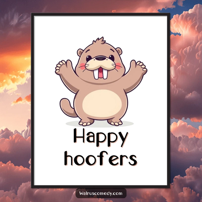 Funny walrus dancing with flippers up, instant digital download art, a joyful and humorous wall decor piece.