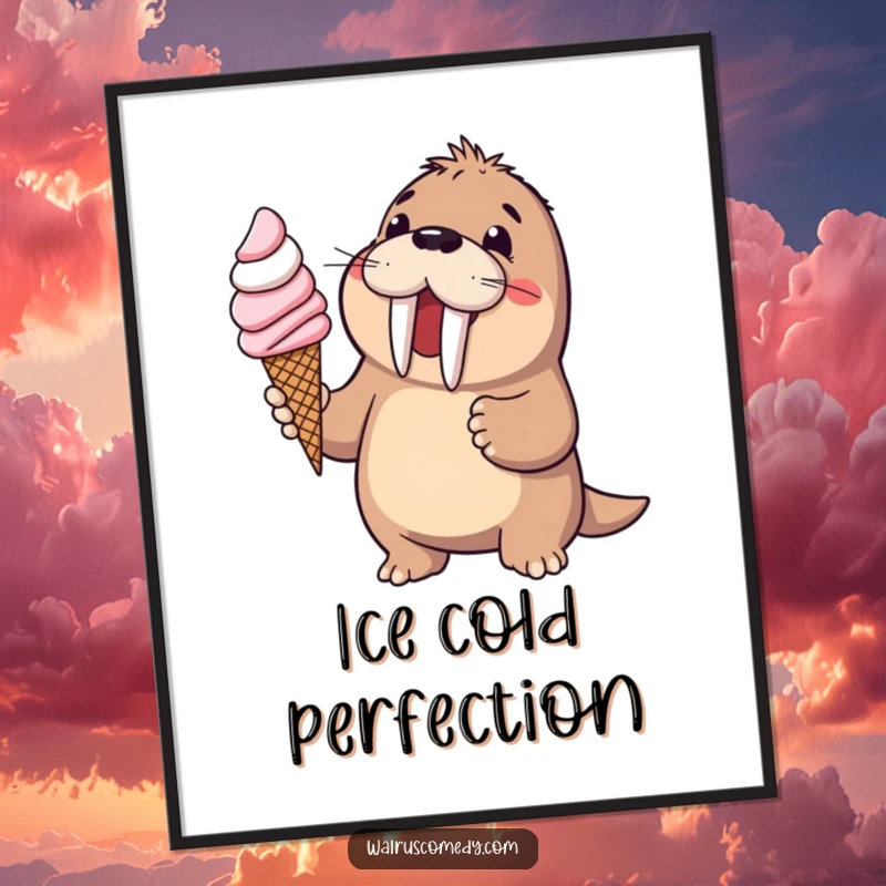 Funny walrus offering a large ice cream cone, offered as a digital art print, radiating sweet joy and humor, a fantastic funny gift.