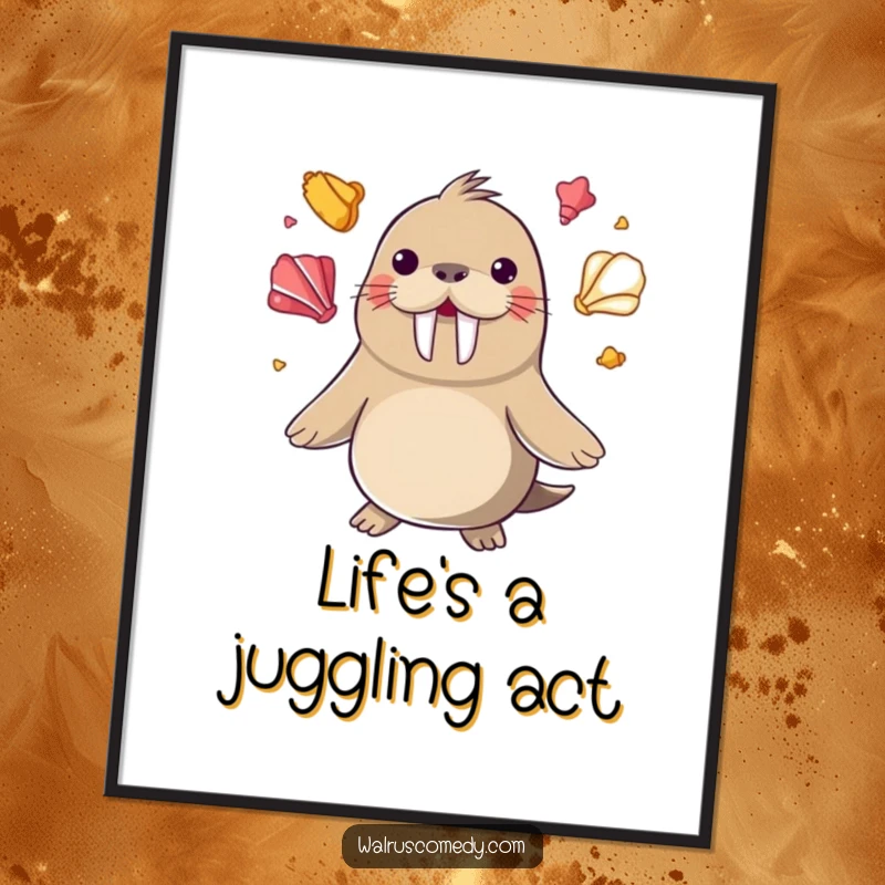 Funny happy walrus juggling colorful seashells with its flippers on a printable digital art piece, a skillful funny gift.