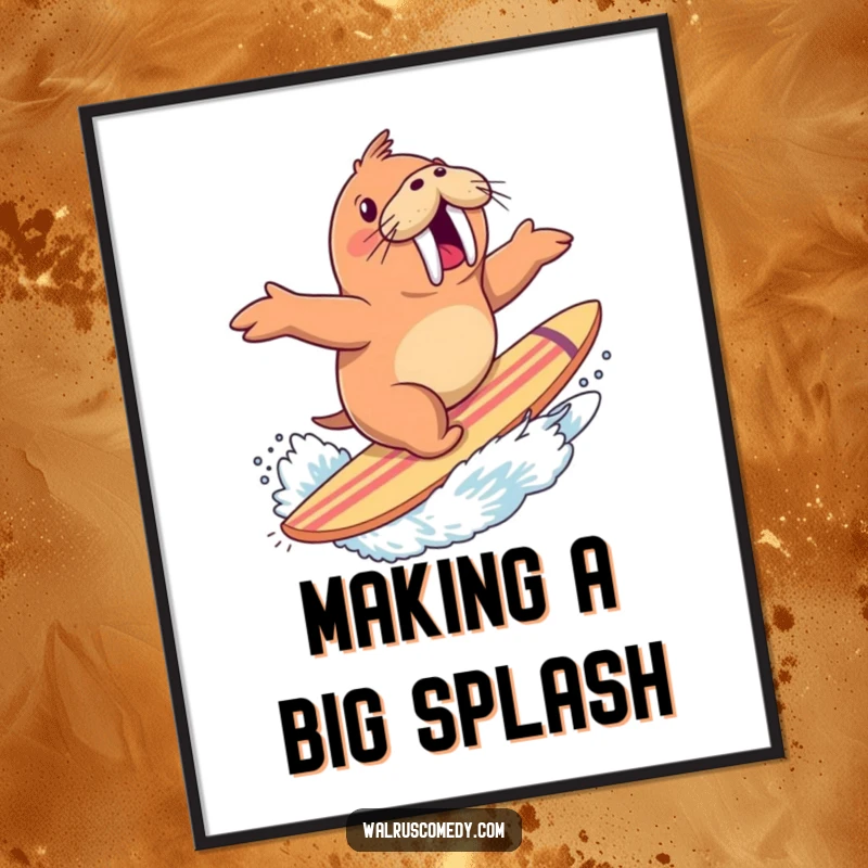 Funny digital art print of an excited walrus surfing a giant surfboard with a dynamic splash, capturing the thrill of the ocean.