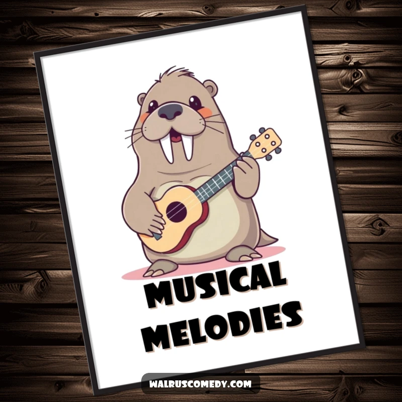 Funny walrus playing music on a ukulele, high-resolution digital download art, a cheerful and humorous wall decor piece.