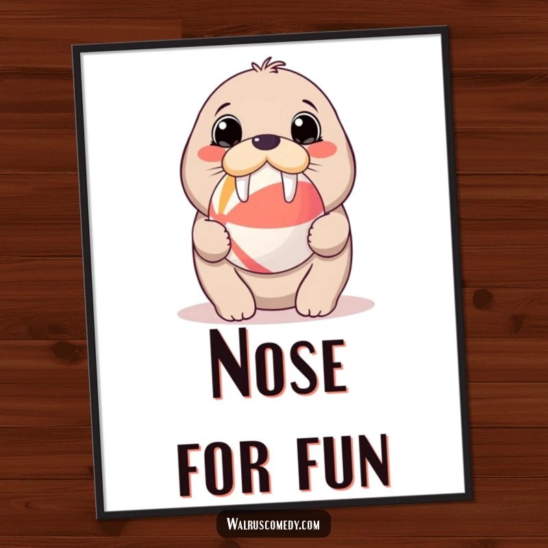 Funny digital art print of a kawaii walrus with big eyes balancing a beach ball, bringing adorable charm and playful vibes to any display.