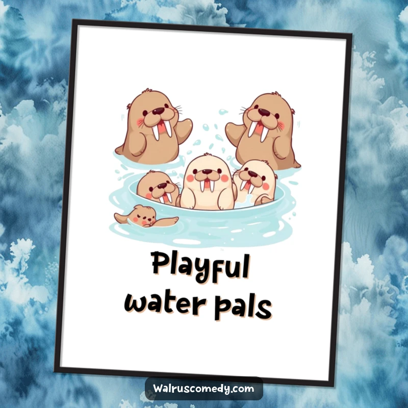 Funny group of playful walrus characters splashing water, instant download and a funny gift.