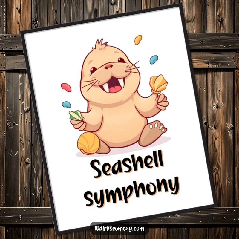 Funny Kawaii Walrus Juggling Seashells Digital Art Print, a happy walrus juggling seashells, instant downloadable decor.