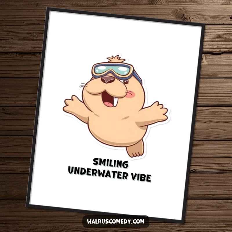 Funny digital art print of a playful walrus wearing swimming goggles and diving with a smile, capturing underwater joy.