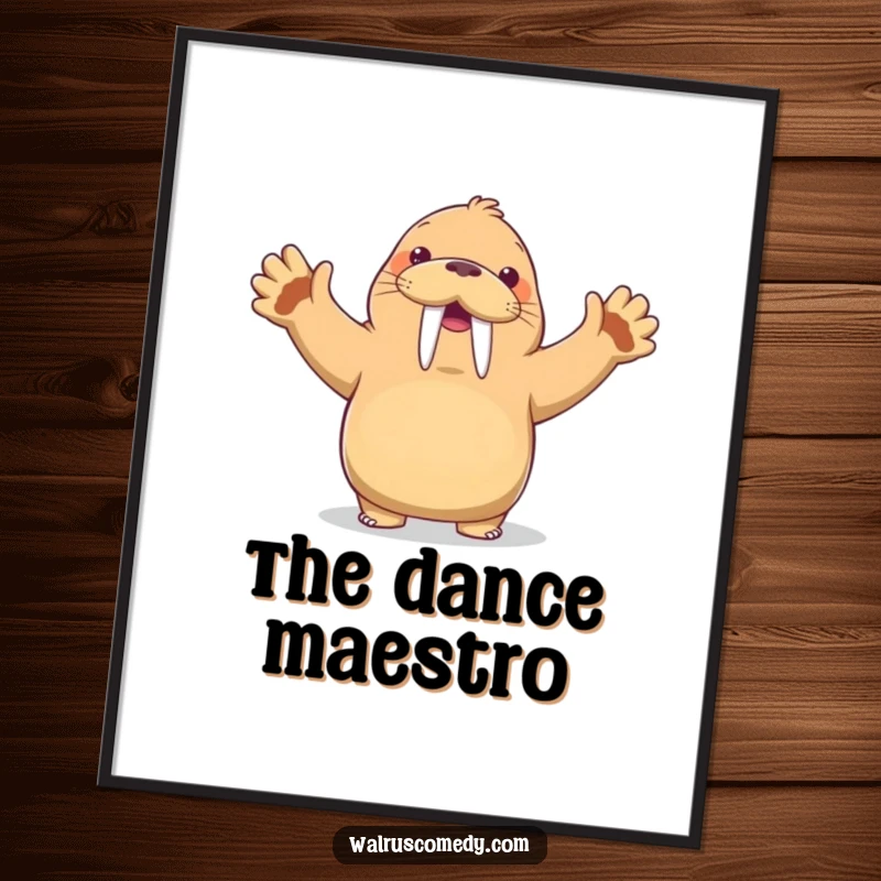 Funny Kawaii Walrus Digital Art Print: A walrus dances comically with flippers in the air and a huge grin, adding immediate humor to decor.