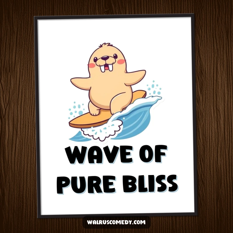 Funny Digital Art Print of a Kawaii walrus happily surfing a playful wave with determined joy and a radiant smile.