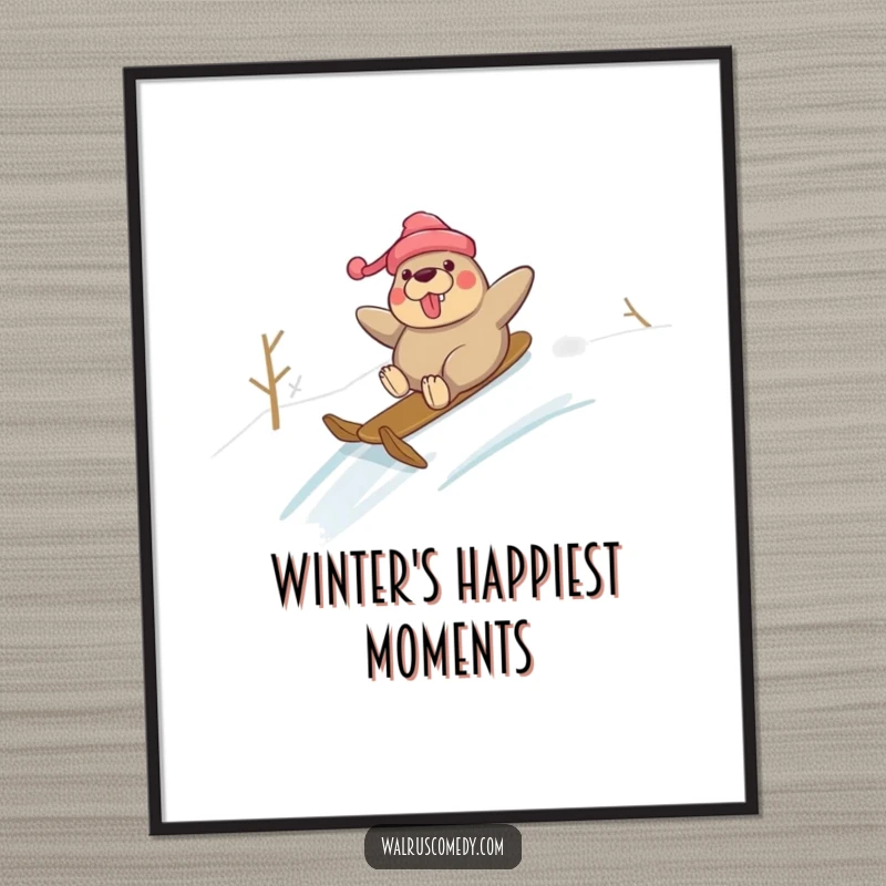 Funny digital art print of a walrus sliding down a snowy hill with glee, offering instant humorous winter wall decor.