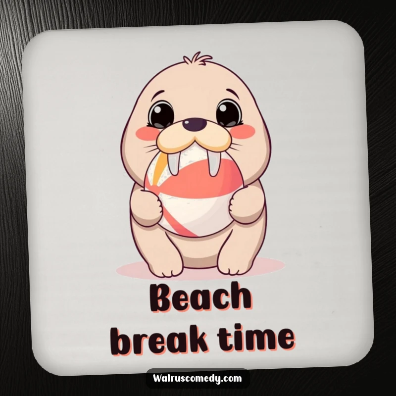 Funny drink coaster featuring a kawaii walrus balancing a beach ball on its nose, protecting surfaces while adding a dose of cuteness.