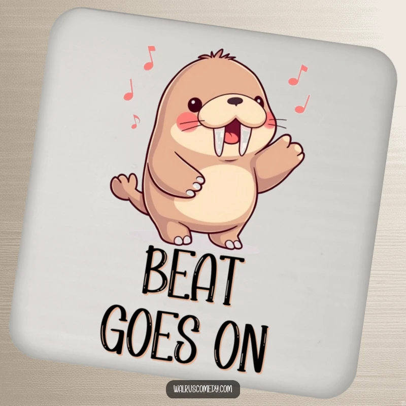 Funny kawaii walrus character happily tapping its flippers to a beat, featured on a protective drink coaster.