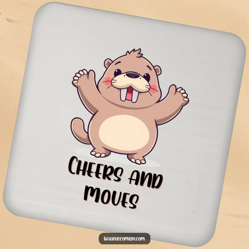 Funny walrus dancing on a coaster, a humorous drink accessory featuring a joyful sea creature, perfect for tables.