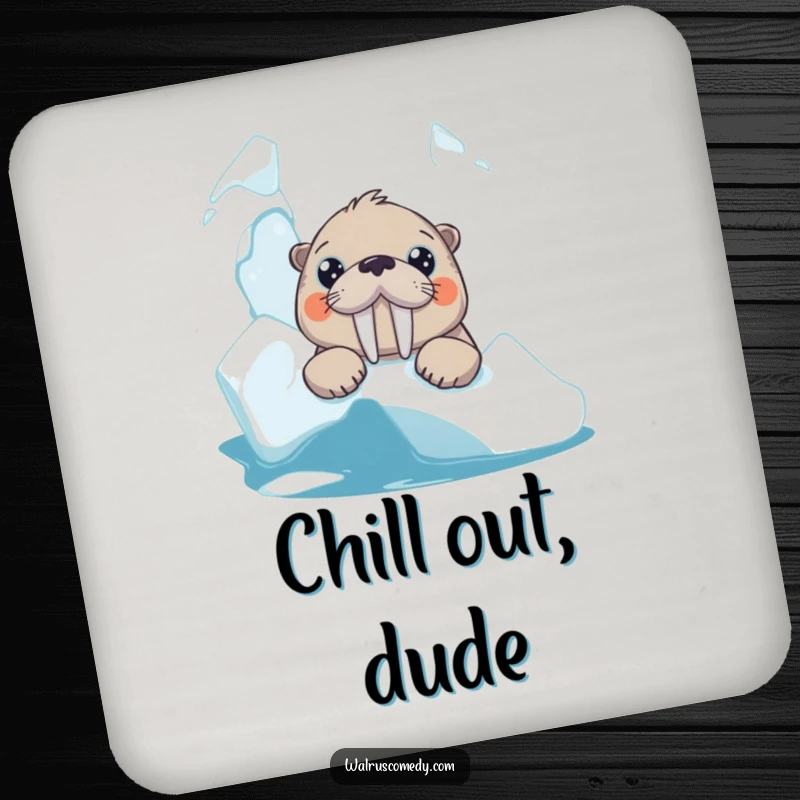 Funny walrus drink coaster with a curious animal and big eyes peeking from an iceberg, protecting surfaces humorously.