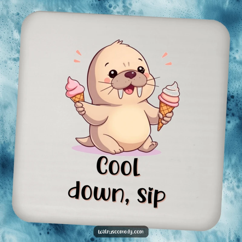 Funny Coaster: A baby walrus juggles ice cream cones, adding playful sweetness and protecting surfaces.