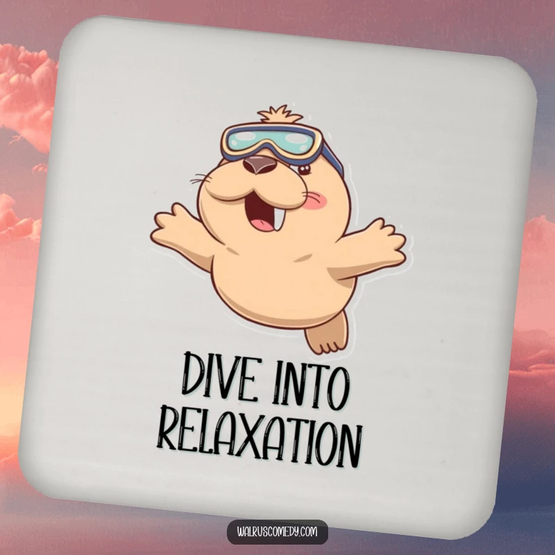 Funny coaster showing a playful walrus wearing swimming goggles and diving with a smile, protecting surfaces with aquatic charm.