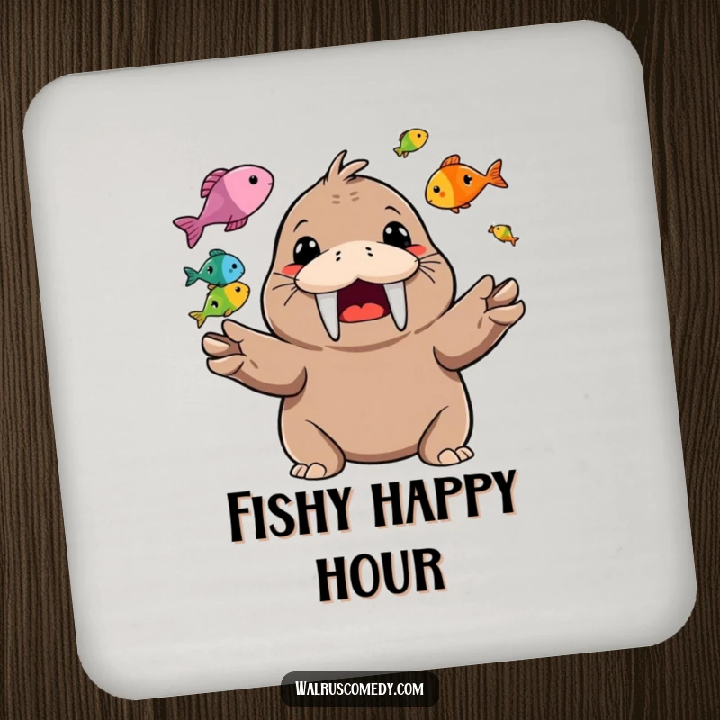 Funny Coaster with a happy walrus character juggling colorful fish, sporting a wide grin.