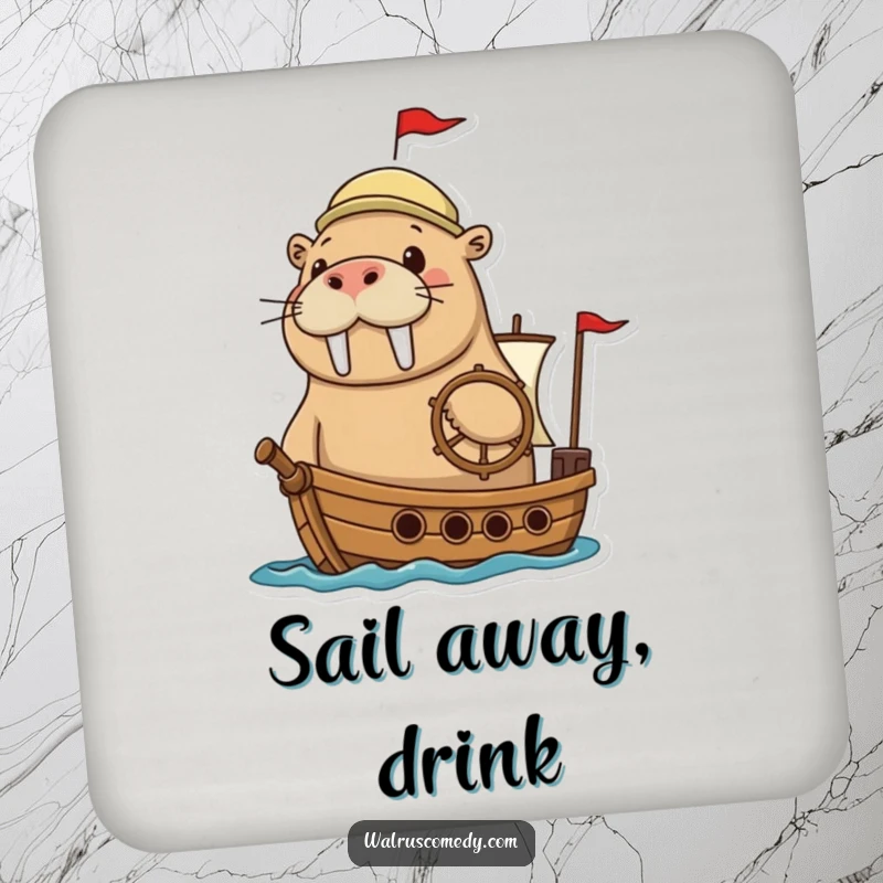Funny walrus coaster depicting an adventurous walrus steering a tiny ship, adding a humorous nautical touch.