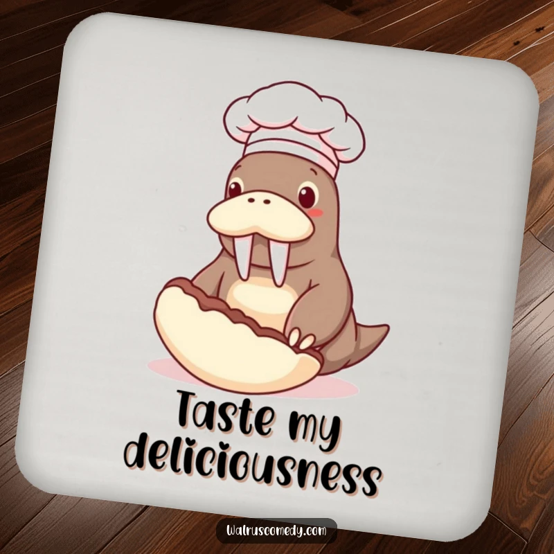 Funny drink coaster showcasing a walrus chef in a hat flipping a giant clam, perfect for humorous kitchen counter protection.