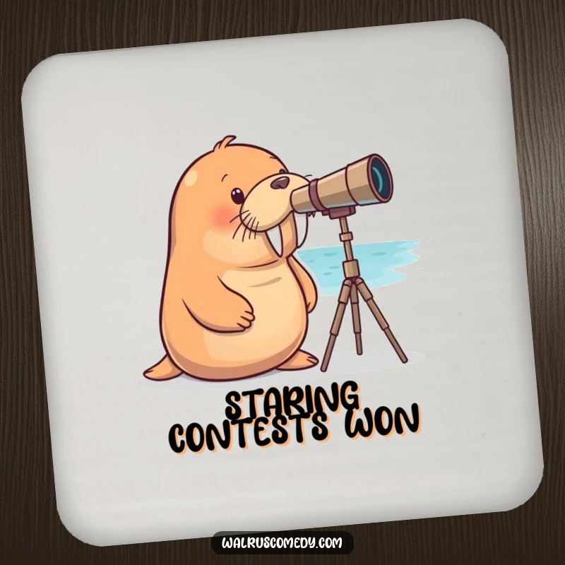 Funny walrus coaster depicting a curious walrus peering through a telescope, adding a humorous touch to drink service.