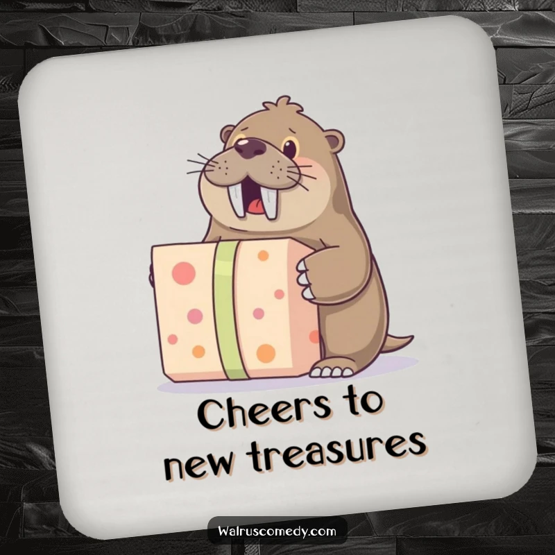 Funny drink coaster showcasing a walrus character excitedly unwrapping a gift, perfect for humorous table protection.