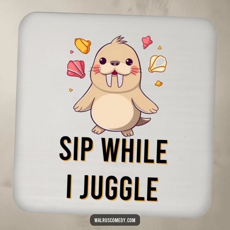 Funny happy walrus juggling colorful seashells with its flippers on a protective drink coaster, an artistic funny gift.