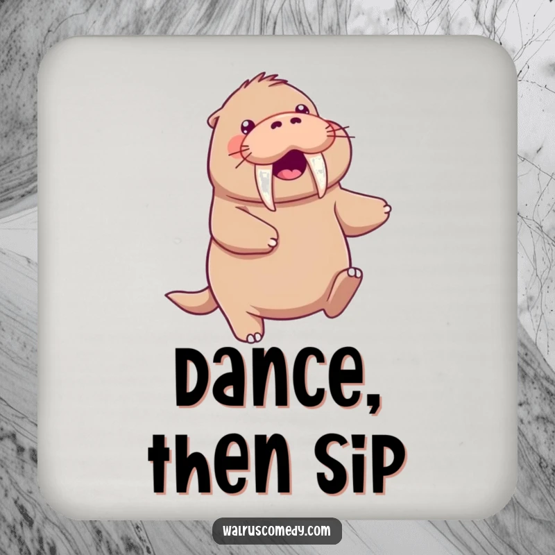 Funny kawaii walrus character doing a playful dance, tusks swinging, featured on a protective drink coaster.