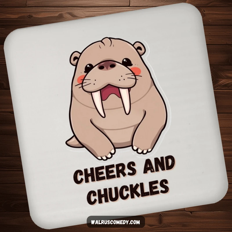 Funny kawaii walrus character in a hearty chuckle, prominent tusks visible, featured on a protective drink coaster.