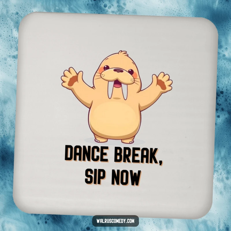 Funny Kawaii Walrus Coaster: A walrus dances with flippers up and a wide grin, protecting surfaces with humor and quirky design.