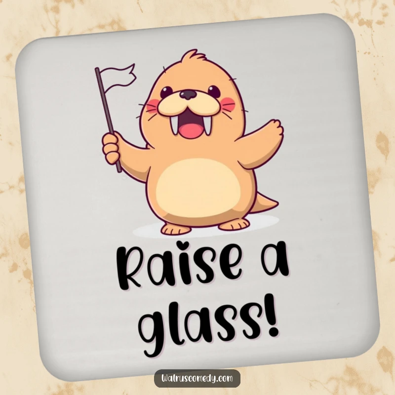 Funny Drink Coaster featuring a kawaii walrus gleefully waving a tiny flag with a cheerful, excited expression.