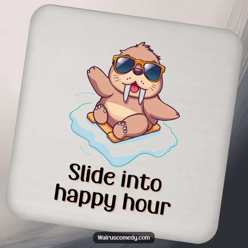 Funny kawaii walrus wearing sunglasses slides down an icy slope, adding a cool and humorous touch to this drink coaster.