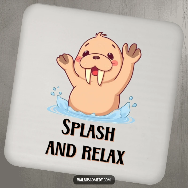 Funny drink coasters featuring a kawaii walrus playfully splashing water with its flippers, adding a touch of humor to any table.