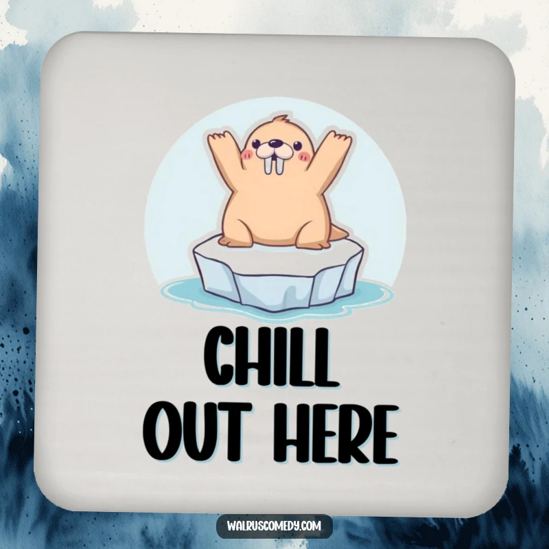 Funny kawaii walrus sunbathing on a tiny iceberg, arms raised, looking cool and chill, protecting your table with this coaster.