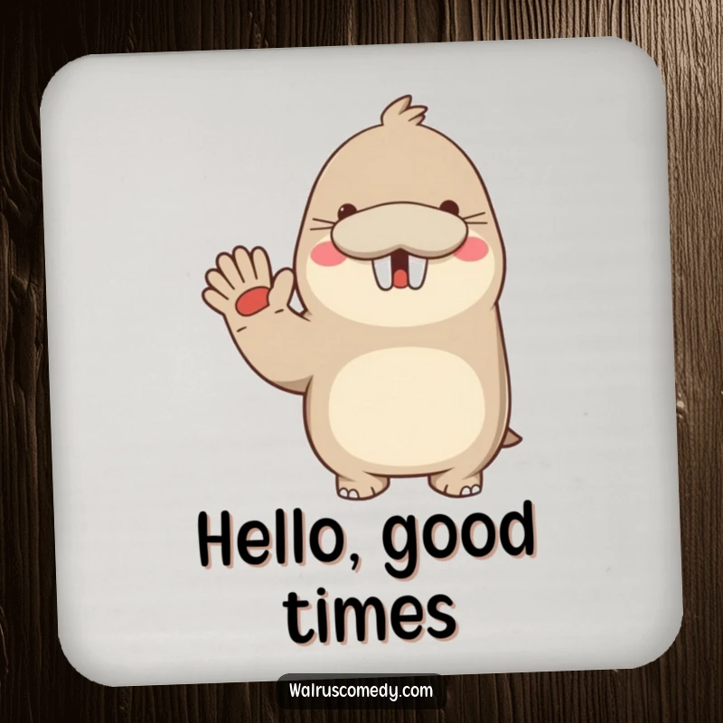 Funny drink coasters featuring a kawaii walrus waving enthusiastically with a big smile, adding a warm welcome to any table.