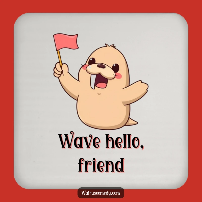 Funny Kawaii Walrus Waving Flag Coaster: Protect Surfaces with Cheerful Humor - Great Gift
