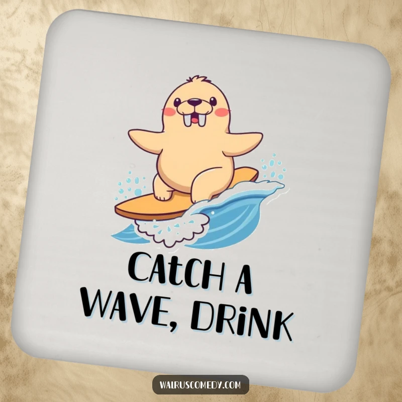 Funny Coaster featuring a Kawaii walrus happily surfing a wave, protecting surfaces with determined joy.