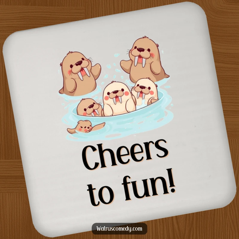 Funny group of playful walrus characters splashing water, protecting surfaces with humor, a fun funny gift.