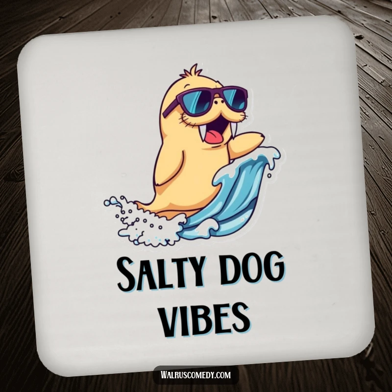Funny walrus character coaster wearing sunglasses, riding a wave with excitement, protecting surfaces with humor, a fun funny gift.