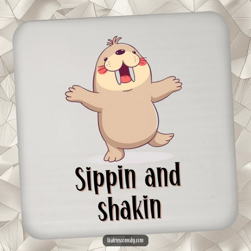 Funny drink coaster, dancing walrus, flippers in the air, joyful, protective, perfect for tables, animal decor.