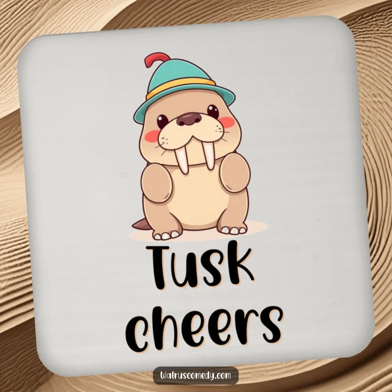 Funny Kawaii Walrus Hat Trick Coaster, a smiling walrus balancing a whimsical hat, protects surfaces with charm.