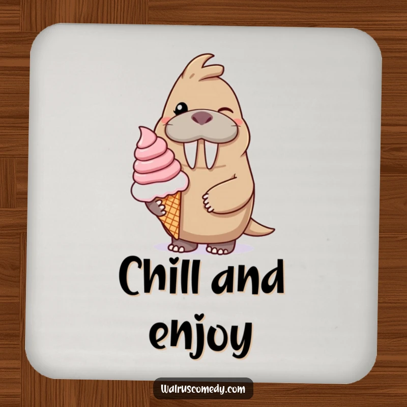 Funny coaster illustration of a winking walrus character smiling and offering a giant ice cream cone, adding sweet humor to drink protection.