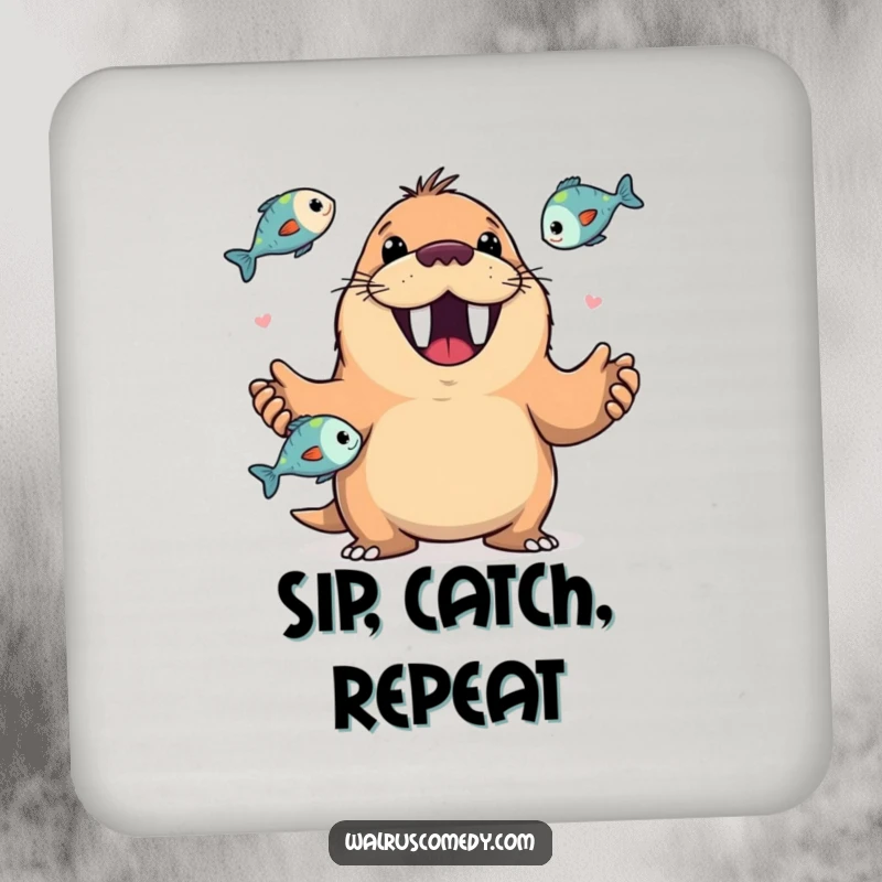 Funny coaster showing a happy walrus with a wide, toothy grin juggling fish, protecting surfaces with sea creature charm.