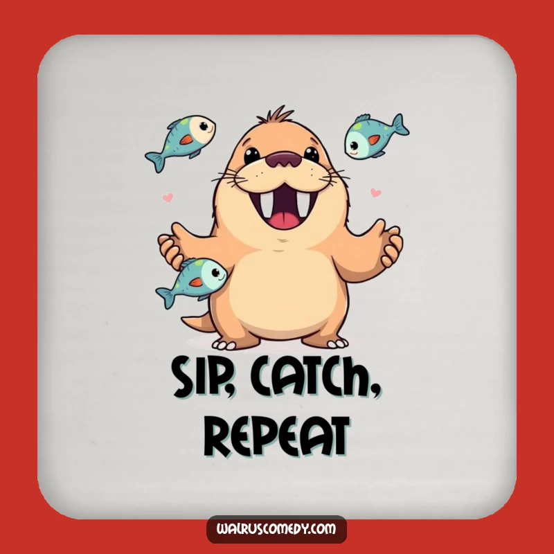 Funny Walrus Juggling Fish Coaster: Happy Grin - Protect Surfaces Funny Gift