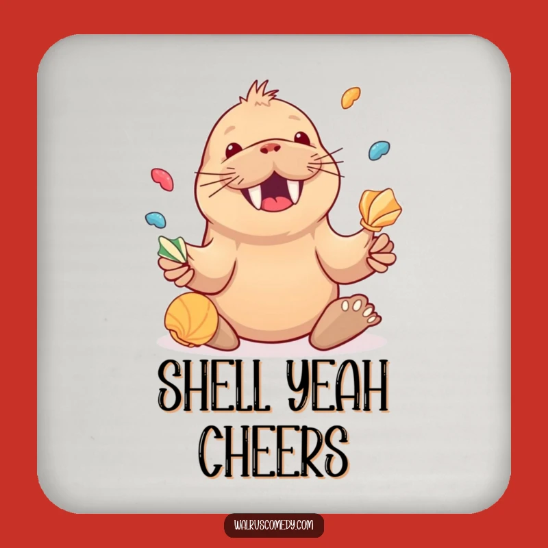 Funny Walrus Juggling Seashells Coaster, Protect Surfaces with Joy, Cute Funny Gift