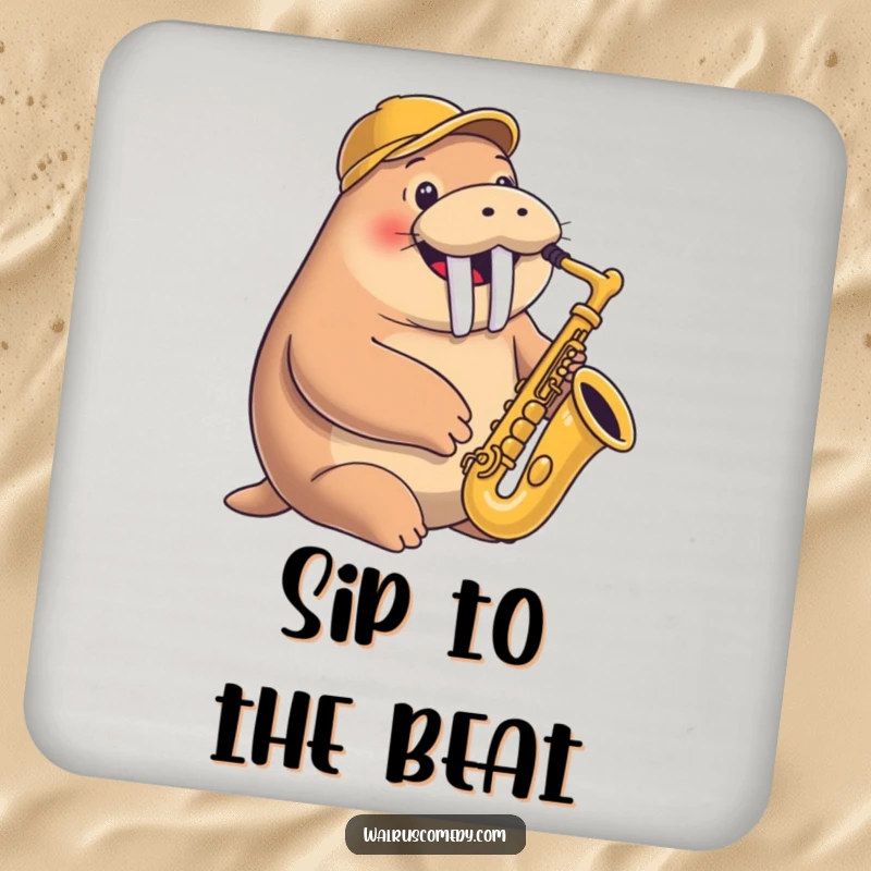 Funny coaster showing a smiling walrus playing a saxophone with a jaunty cap, protecting surfaces with musical flair.